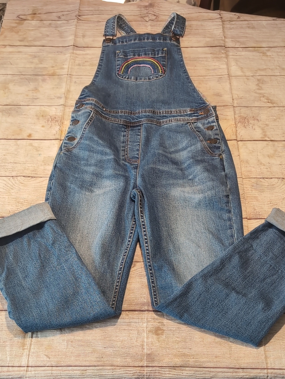 Boden Girls Blue Denim Overalls With Rainbow Stitched Pocket Size 13-14 Youth